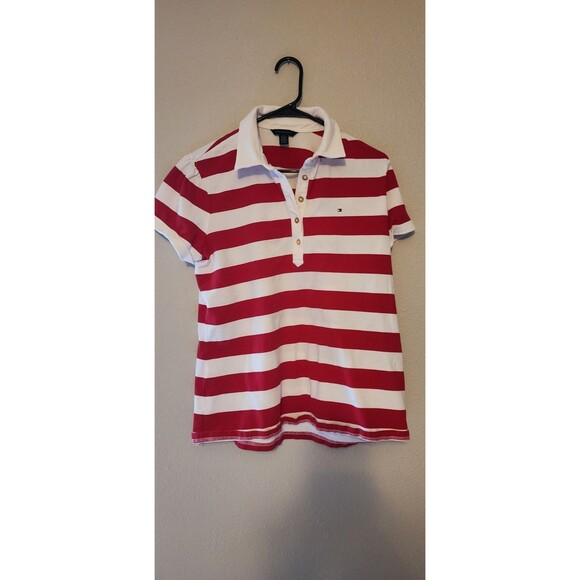 Tommy Hilfiger Polo Women’s L red and White Striped preppy beachy summer top - Picture 1 of 4